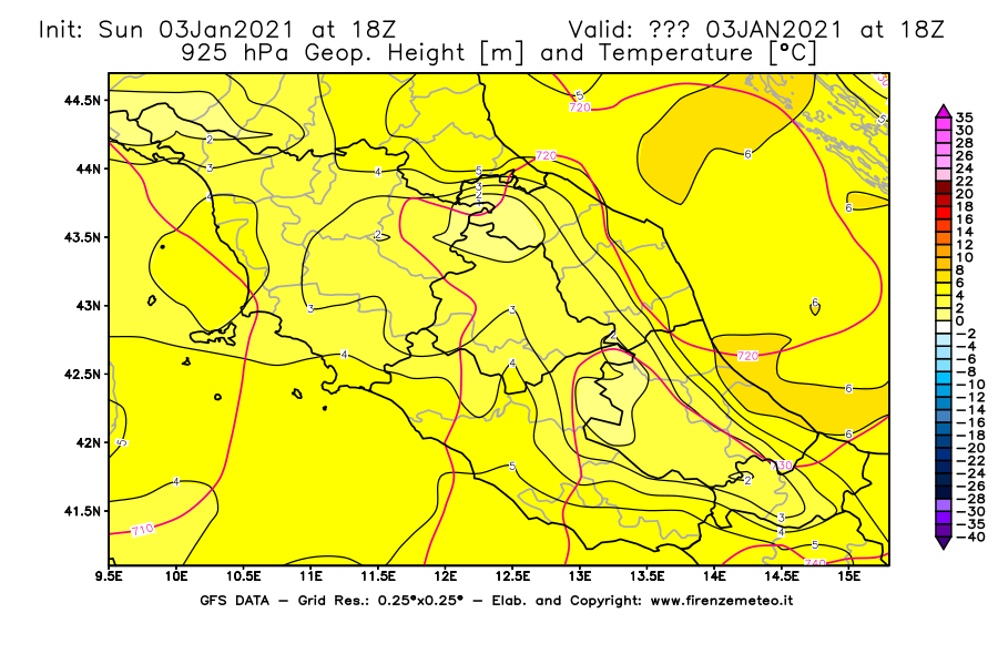 Mappa di analisi GFS - Geopotenziale [m] e Temperatura [°C] a 925 hPa in Centro-Italia
							del 03/01/2021 18 <!--googleoff: index-->UTC<!--googleon: index-->