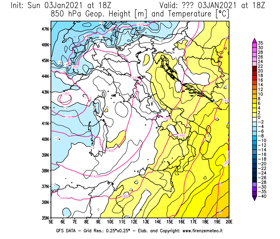 Mappa di analisi GFS - Geopotenziale [m] e Temperatura [°C] a 850 hPa in Italia
							del 03/01/2021 18 <!--googleoff: index-->UTC<!--googleon: index-->