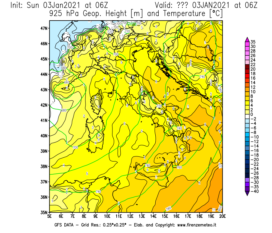 Mappa di analisi GFS - Geopotenziale [m] e Temperatura [°C] a 925 hPa in Italia
									del 03/01/2021 06 <!--googleoff: index-->UTC<!--googleon: index-->