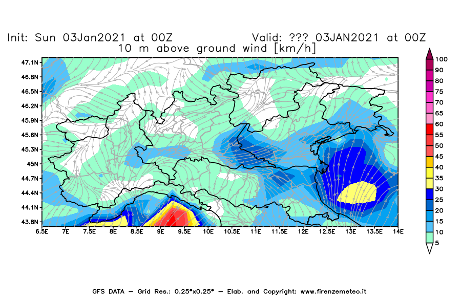 Mappa di analisi GFS - Velocità del vento a 10 metri dal suolo [km/h] in Nord-Italia
							del 03/01/2021 00 <!--googleoff: index-->UTC<!--googleon: index-->