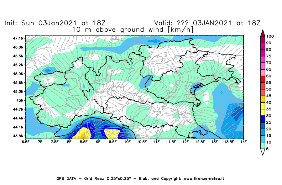 Mappa di analisi GFS - Velocità del vento a 10 metri dal suolo [km/h] in Nord-Italia
							del 03/01/2021 18 <!--googleoff: index-->UTC<!--googleon: index-->