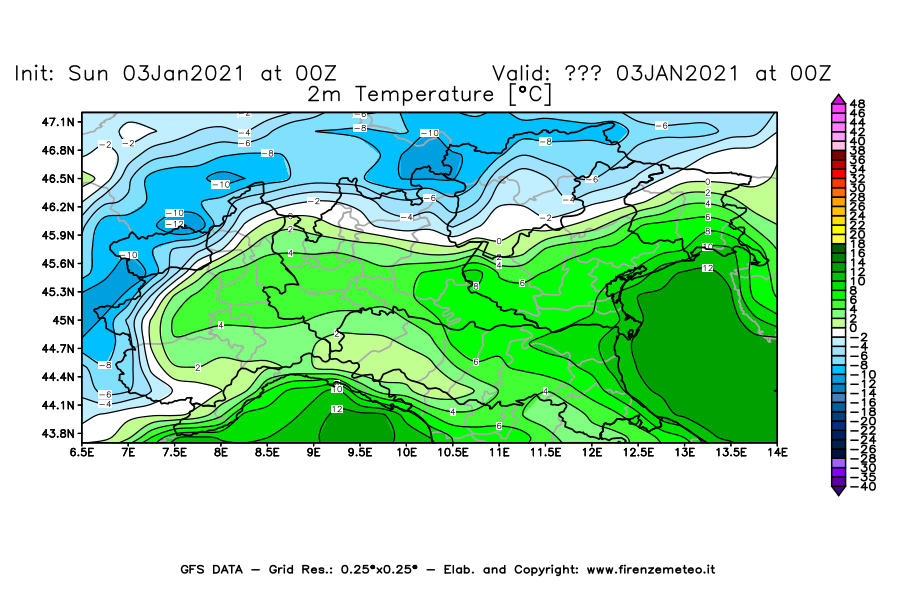 Mappa di analisi GFS - Temperatura a 2 metri dal suolo [°C] in Nord-Italia
									del 03/01/2021 00 <!--googleoff: index-->UTC<!--googleon: index-->