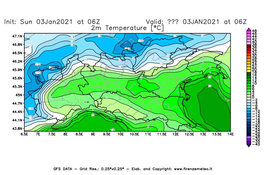 Mappa di analisi GFS - Temperatura a 2 metri dal suolo [°C] in Nord-Italia
									del 03/01/2021 06 <!--googleoff: index-->UTC<!--googleon: index-->