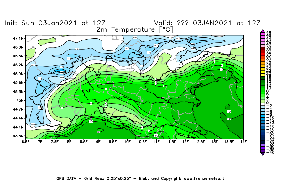 Mappa di analisi GFS - Temperatura a 2 metri dal suolo [°C] in Nord-Italia
									del 03/01/2021 12 <!--googleoff: index-->UTC<!--googleon: index-->