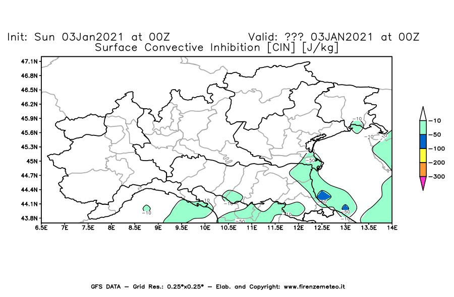 Mappa di analisi GFS - CIN [J/kg] in Nord-Italia
							del 03/01/2021 00 <!--googleoff: index-->UTC<!--googleon: index-->