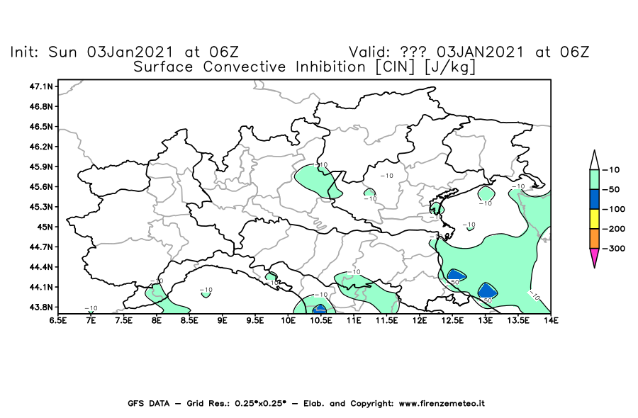 Mappa di analisi GFS - CIN [J/kg] in Nord-Italia
							del 03/01/2021 06 <!--googleoff: index-->UTC<!--googleon: index-->