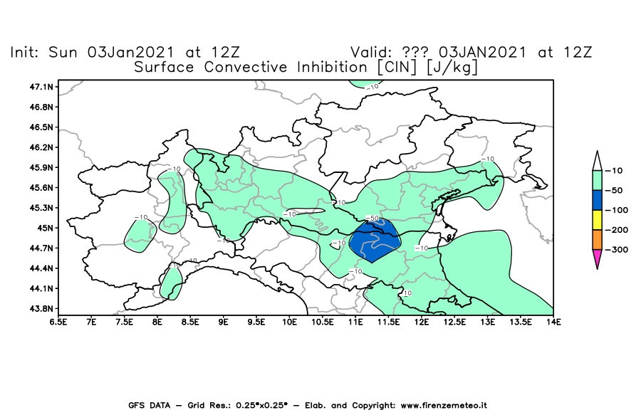 Mappa di analisi GFS - CIN [J/kg] in Nord-Italia
							del 03/01/2021 12 <!--googleoff: index-->UTC<!--googleon: index-->