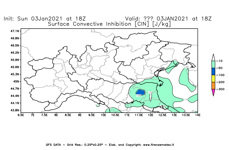 Mappa di analisi GFS - CIN [J/kg] in Nord-Italia
							del 03/01/2021 18 <!--googleoff: index-->UTC<!--googleon: index-->
