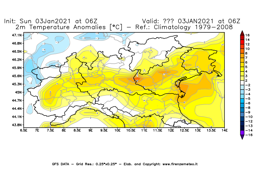 Mappa di analisi GFS - Anomalia Temperatura [°C] a 2 m in Nord-Italia
							del 03/01/2021 06 <!--googleoff: index-->UTC<!--googleon: index-->