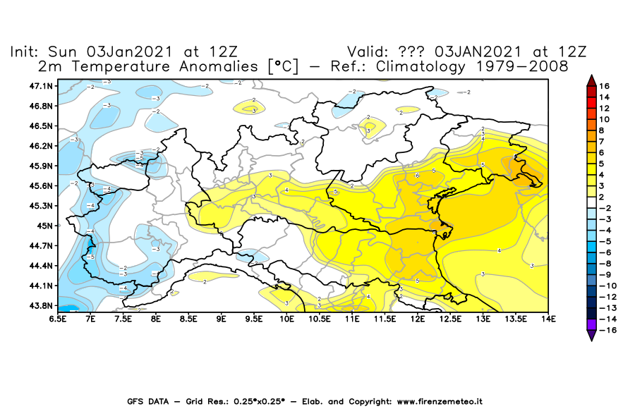 Mappa di analisi GFS - Anomalia Temperatura [°C] a 2 m in Nord-Italia
									del 03/01/2021 12 <!--googleoff: index-->UTC<!--googleon: index-->