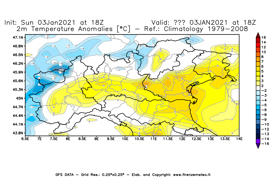 Mappa di analisi GFS - Anomalia Temperatura [°C] a 2 m in Nord-Italia
									del 03/01/2021 18 <!--googleoff: index-->UTC<!--googleon: index-->