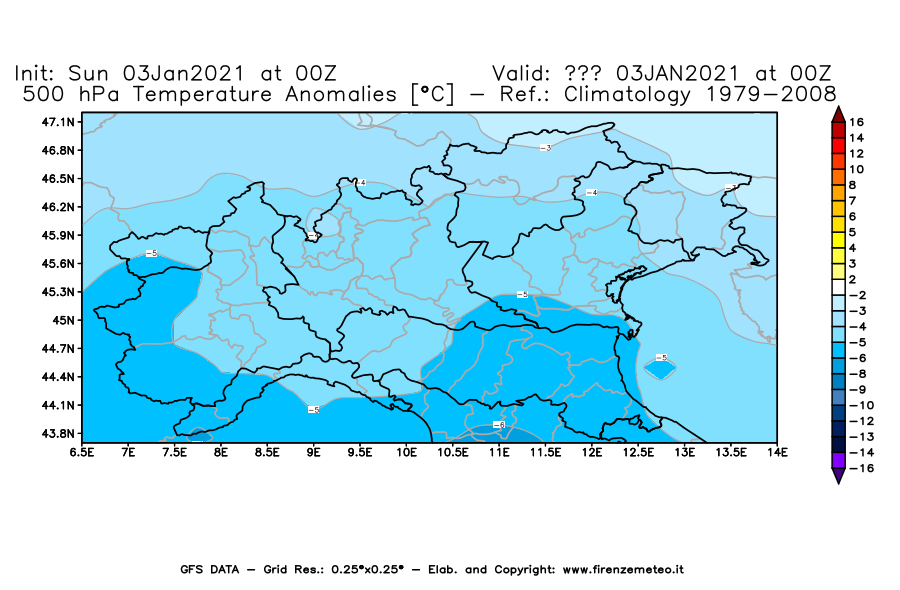 Mappa di analisi GFS - Anomalia Temperatura [°C] a 500 hPa in Nord-Italia
							del 03/01/2021 00 <!--googleoff: index-->UTC<!--googleon: index-->