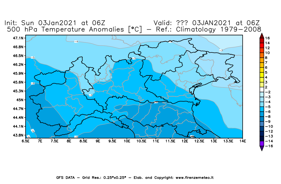 Mappa di analisi GFS - Anomalia Temperatura [°C] a 500 hPa in Nord-Italia
									del 03/01/2021 06 <!--googleoff: index-->UTC<!--googleon: index-->