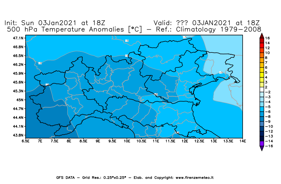 Mappa di analisi GFS - Anomalia Temperatura [°C] a 500 hPa in Nord-Italia
									del 03/01/2021 18 <!--googleoff: index-->UTC<!--googleon: index-->