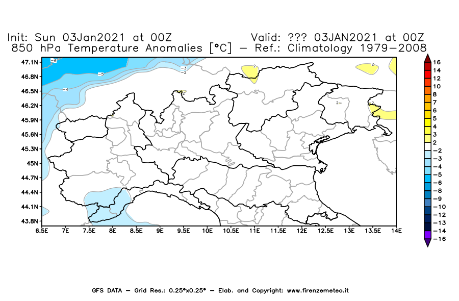 Mappa di analisi GFS - Anomalia Temperatura [°C] a 850 hPa in Nord-Italia
									del 03/01/2021 00 <!--googleoff: index-->UTC<!--googleon: index-->