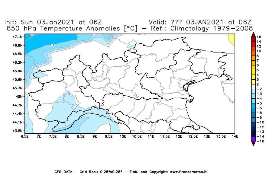 Mappa di analisi GFS - Anomalia Temperatura [°C] a 850 hPa in Nord-Italia
							del 03/01/2021 06 <!--googleoff: index-->UTC<!--googleon: index-->