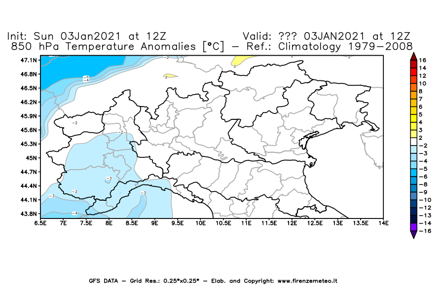 Mappa di analisi GFS - Anomalia Temperatura [°C] a 850 hPa in Nord-Italia
							del 03/01/2021 12 <!--googleoff: index-->UTC<!--googleon: index-->