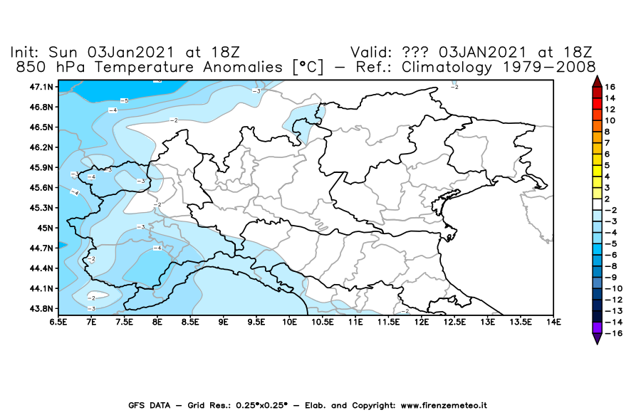 Mappa di analisi GFS - Anomalia Temperatura [°C] a 850 hPa in Nord-Italia
									del 03/01/2021 18 <!--googleoff: index-->UTC<!--googleon: index-->