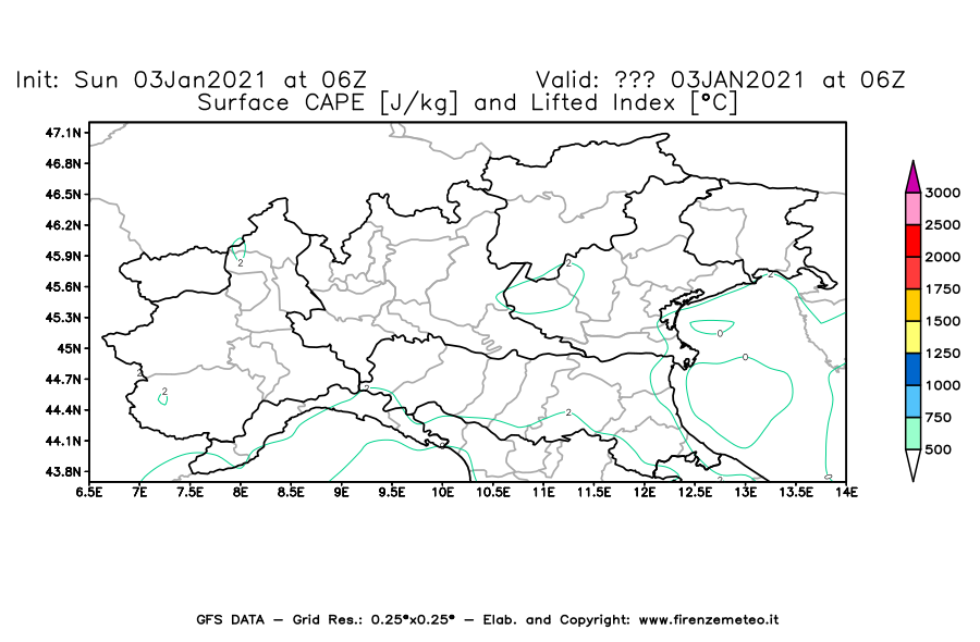 Mappa di analisi GFS - CAPE [J/kg] e Lifted Index [°C] in Nord-Italia
							del 03/01/2021 06 <!--googleoff: index-->UTC<!--googleon: index-->