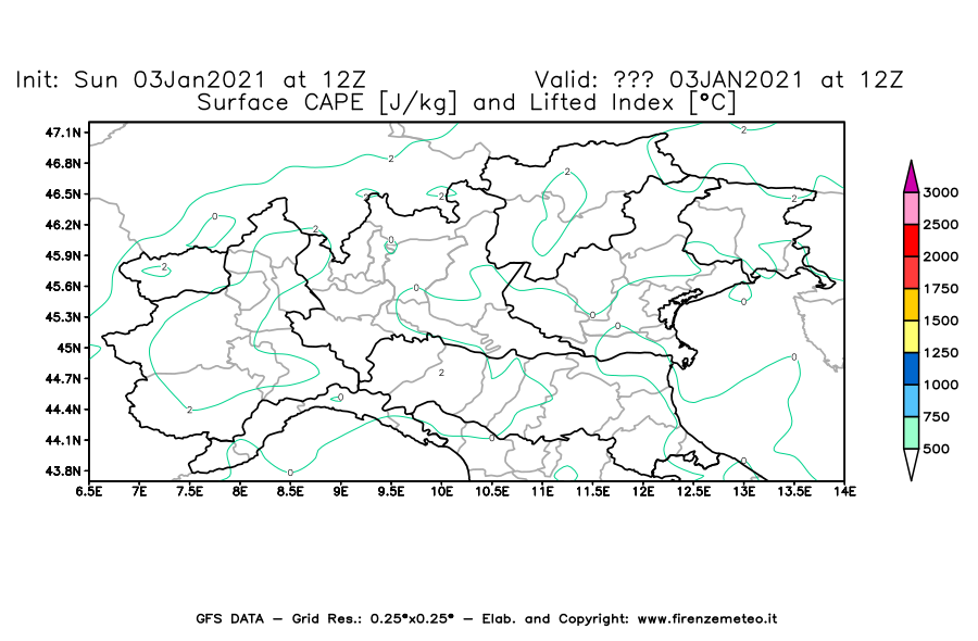 Mappa di analisi GFS - CAPE [J/kg] e Lifted Index [°C] in Nord-Italia
							del 03/01/2021 12 <!--googleoff: index-->UTC<!--googleon: index-->