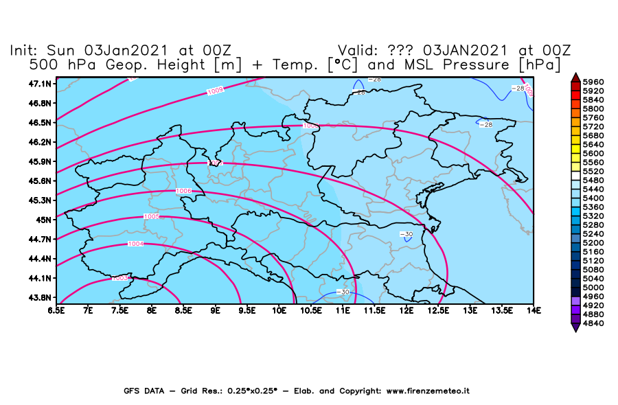 Mappa di analisi GFS - Geopotenziale [m] + Temp. [°C] a 500 hPa + Press. a livello del mare [hPa] in Nord-Italia
							del 03/01/2021 00 <!--googleoff: index-->UTC<!--googleon: index-->