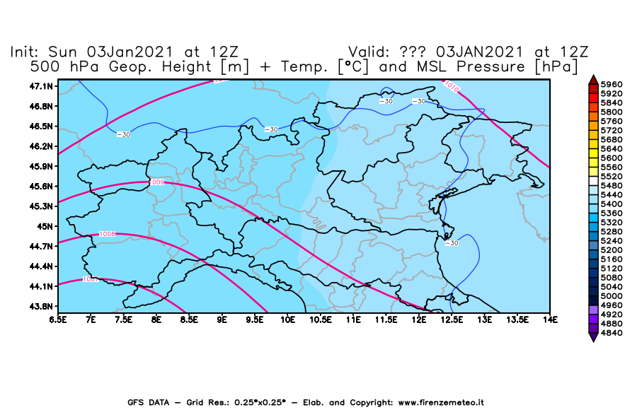Mappa di analisi GFS - Geopotenziale [m] + Temp. [°C] a 500 hPa + Press. a livello del mare [hPa] in Nord-Italia
									del 03/01/2021 12 <!--googleoff: index-->UTC<!--googleon: index-->