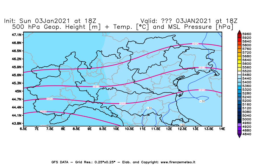 Mappa di analisi GFS - Geopotenziale [m] + Temp. [°C] a 500 hPa + Press. a livello del mare [hPa] in Nord-Italia
									del 03/01/2021 18 <!--googleoff: index-->UTC<!--googleon: index-->