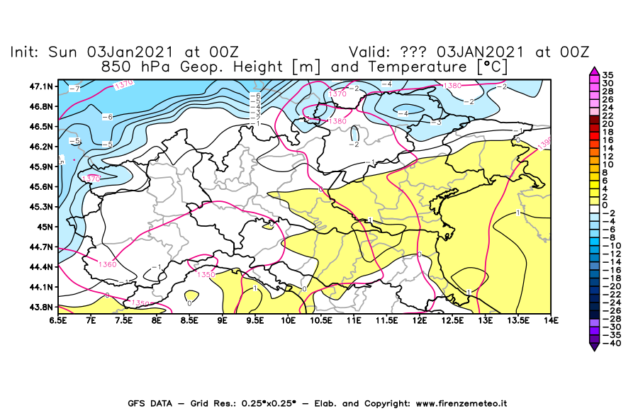 Mappa di analisi GFS - Geopotenziale [m] e Temperatura [°C] a 850 hPa in Nord-Italia
							del 03/01/2021 00 <!--googleoff: index-->UTC<!--googleon: index-->