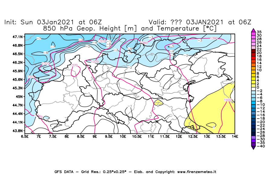 Mappa di analisi GFS - Geopotenziale [m] e Temperatura [°C] a 850 hPa in Nord-Italia
							del 03/01/2021 06 <!--googleoff: index-->UTC<!--googleon: index-->