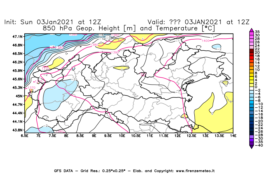 Mappa di analisi GFS - Geopotenziale [m] e Temperatura [°C] a 850 hPa in Nord-Italia
							del 03/01/2021 12 <!--googleoff: index-->UTC<!--googleon: index-->