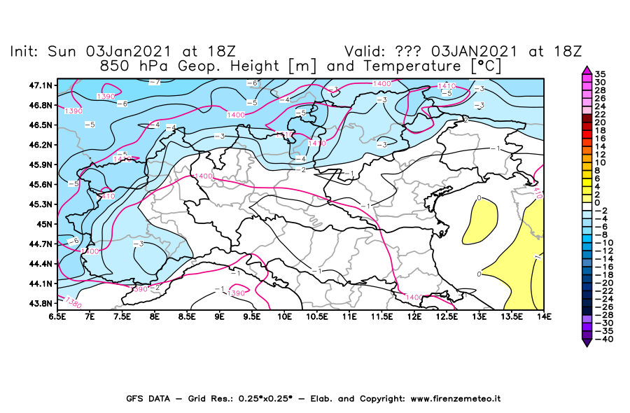 Mappa di analisi GFS - Geopotenziale [m] e Temperatura [°C] a 850 hPa in Nord-Italia
							del 03/01/2021 18 <!--googleoff: index-->UTC<!--googleon: index-->