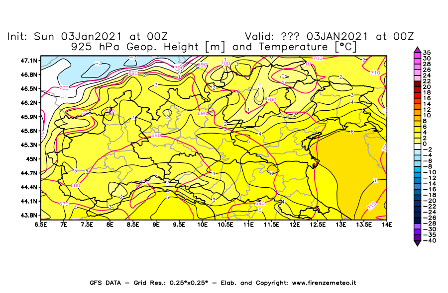 Mappa di analisi GFS - Geopotenziale [m] e Temperatura [°C] a 925 hPa in Nord-Italia
							del 03/01/2021 00 <!--googleoff: index-->UTC<!--googleon: index-->
