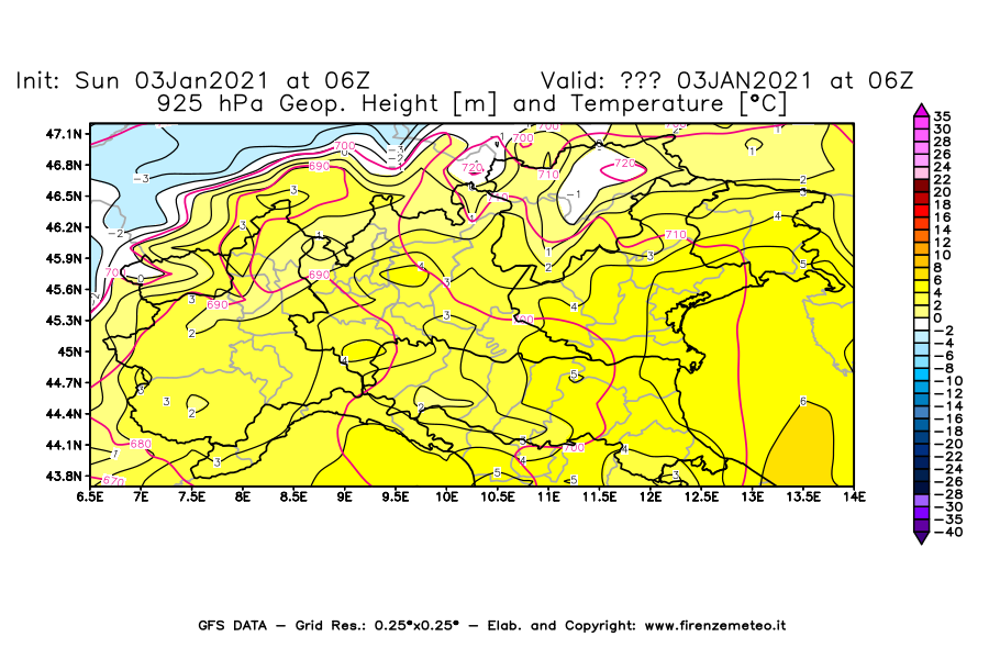 Mappa di analisi GFS - Geopotenziale [m] e Temperatura [°C] a 925 hPa in Nord-Italia
									del 03/01/2021 06 <!--googleoff: index-->UTC<!--googleon: index-->