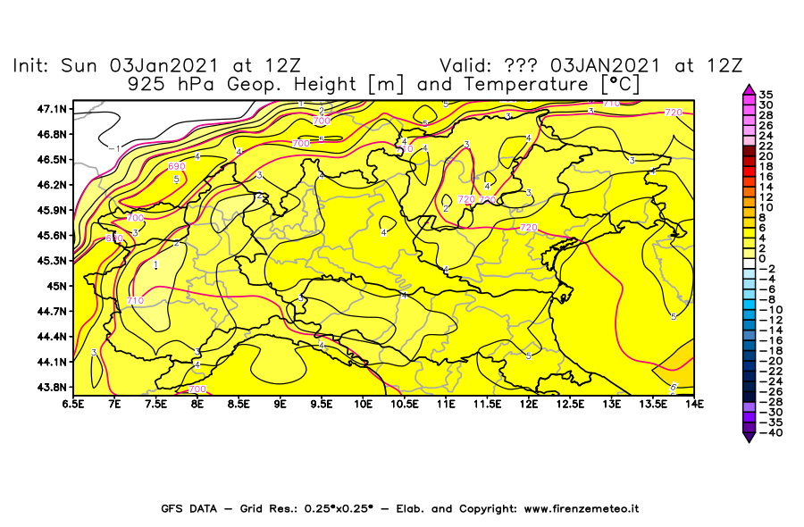 Mappa di analisi GFS - Geopotenziale [m] e Temperatura [°C] a 925 hPa in Nord-Italia
									del 03/01/2021 12 <!--googleoff: index-->UTC<!--googleon: index-->