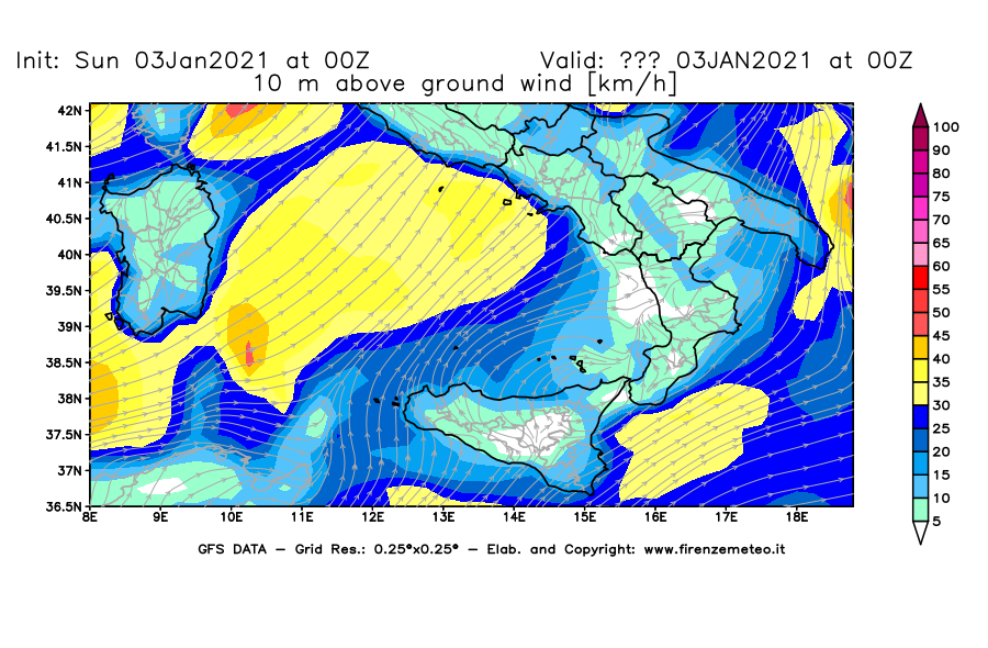 Mappa di analisi GFS - Velocità del vento a 10 metri dal suolo [km/h] in Sud-Italia
									del 03/01/2021 00 <!--googleoff: index-->UTC<!--googleon: index-->