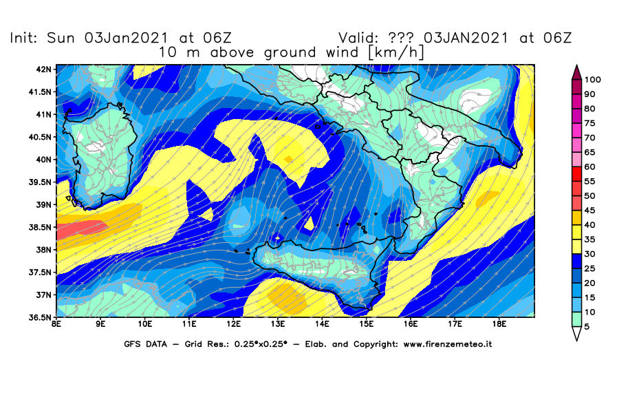 Mappa di analisi GFS - Velocità del vento a 10 metri dal suolo [km/h] in Sud-Italia
							del 03/01/2021 06 <!--googleoff: index-->UTC<!--googleon: index-->