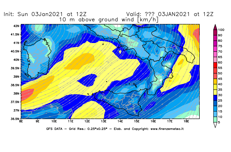 Mappa di analisi GFS - Velocità del vento a 10 metri dal suolo [km/h] in Sud-Italia
									del 03/01/2021 12 <!--googleoff: index-->UTC<!--googleon: index-->