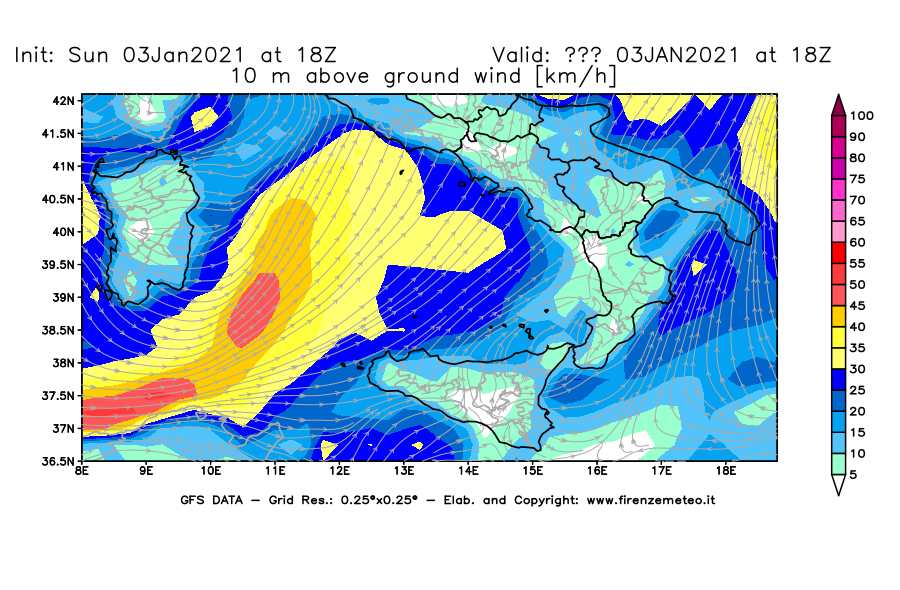 Mappa di analisi GFS - Velocità del vento a 10 metri dal suolo [km/h] in Sud-Italia
									del 03/01/2021 18 <!--googleoff: index-->UTC<!--googleon: index-->