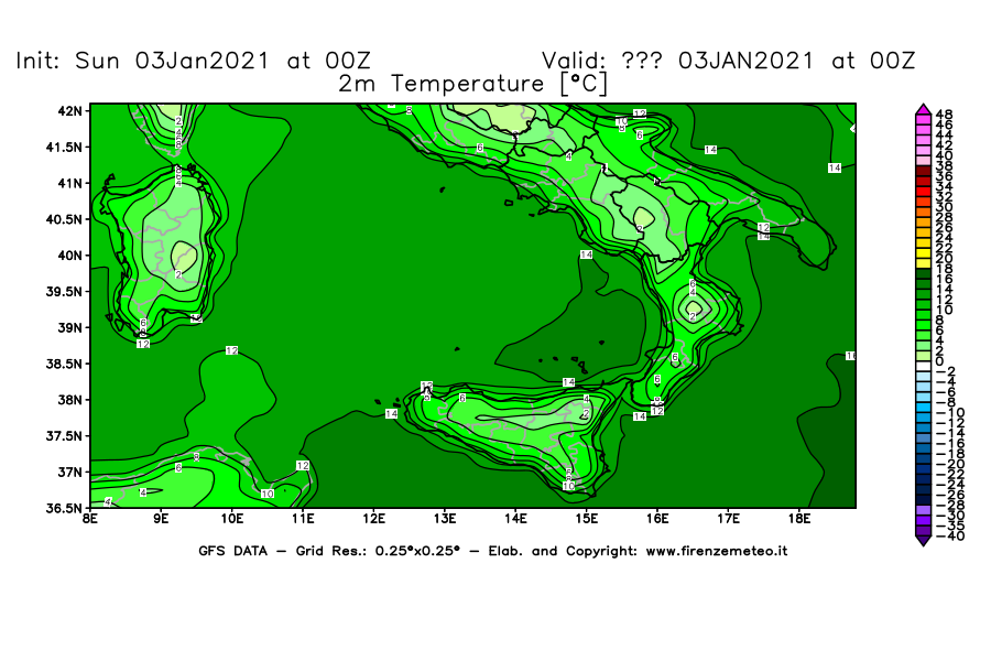 Mappa di analisi GFS - Temperatura a 2 metri dal suolo [°C] in Sud-Italia
							del 03/01/2021 00 <!--googleoff: index-->UTC<!--googleon: index-->