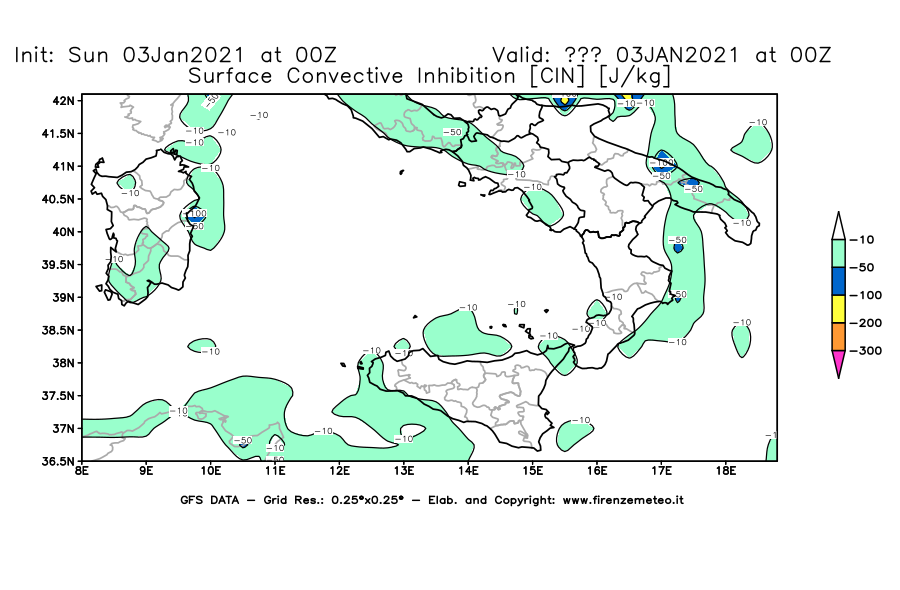 Mappa di analisi GFS - CIN [J/kg] in Sud-Italia
							del 03/01/2021 00 <!--googleoff: index-->UTC<!--googleon: index-->