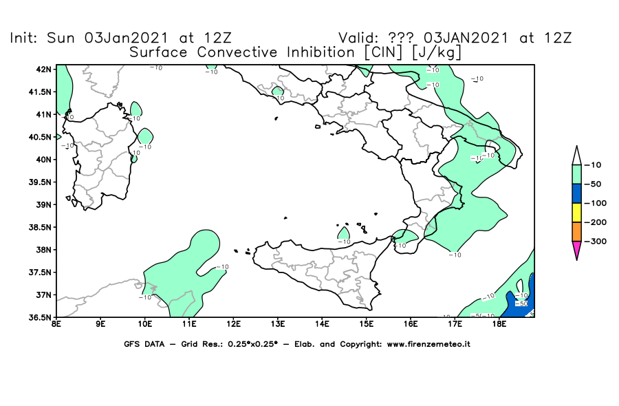 Mappa di analisi GFS - CIN [J/kg] in Sud-Italia
							del 03/01/2021 12 <!--googleoff: index-->UTC<!--googleon: index-->