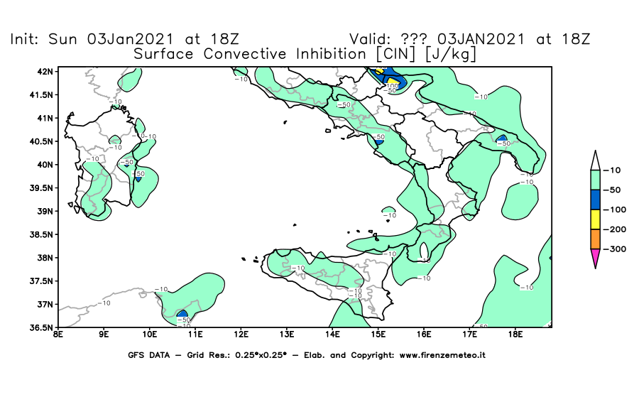 Mappa di analisi GFS - CIN [J/kg] in Sud-Italia
									del 03/01/2021 18 <!--googleoff: index-->UTC<!--googleon: index-->