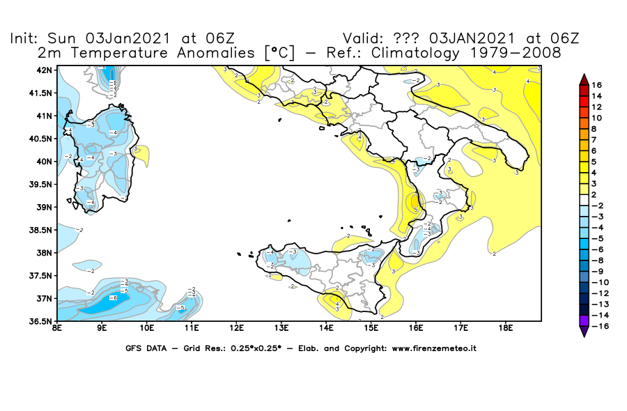 Mappa di analisi GFS - Anomalia Temperatura [°C] a 2 m in Sud-Italia
									del 03/01/2021 06 <!--googleoff: index-->UTC<!--googleon: index-->