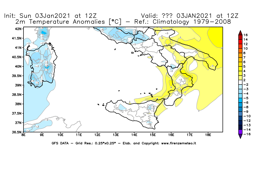 Mappa di analisi GFS - Anomalia Temperatura [°C] a 2 m in Sud-Italia
									del 03/01/2021 12 <!--googleoff: index-->UTC<!--googleon: index-->
