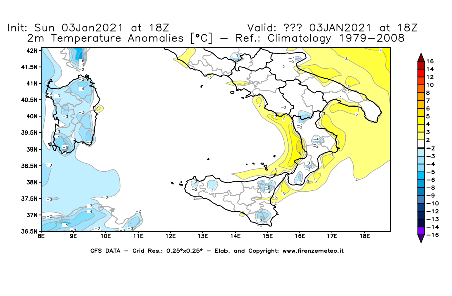 Mappa di analisi GFS - Anomalia Temperatura [°C] a 2 m in Sud-Italia
									del 03/01/2021 18 <!--googleoff: index-->UTC<!--googleon: index-->