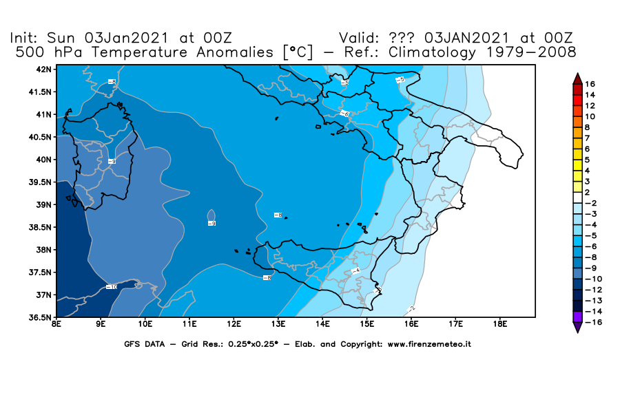 Mappa di analisi GFS - Anomalia Temperatura [°C] a 500 hPa in Sud-Italia
									del 03/01/2021 00 <!--googleoff: index-->UTC<!--googleon: index-->