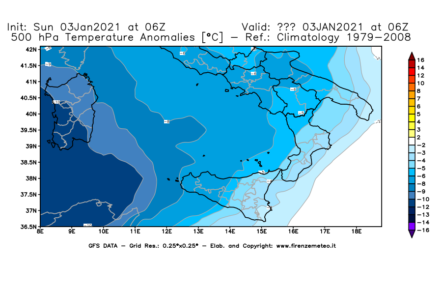 Mappa di analisi GFS - Anomalia Temperatura [°C] a 500 hPa in Sud-Italia
							del 03/01/2021 06 <!--googleoff: index-->UTC<!--googleon: index-->