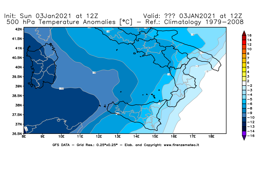 Mappa di analisi GFS - Anomalia Temperatura [°C] a 500 hPa in Sud-Italia
									del 03/01/2021 12 <!--googleoff: index-->UTC<!--googleon: index-->