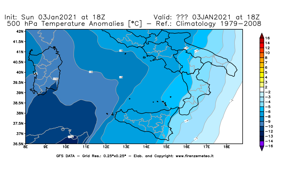 Mappa di analisi GFS - Anomalia Temperatura [°C] a 500 hPa in Sud-Italia
									del 03/01/2021 18 <!--googleoff: index-->UTC<!--googleon: index-->