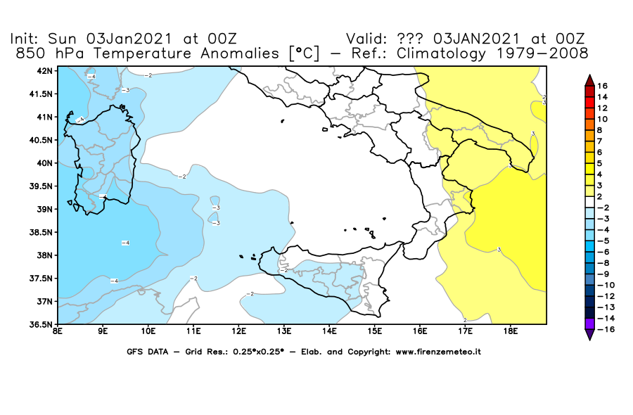 Mappa di analisi GFS - Anomalia Temperatura [°C] a 850 hPa in Sud-Italia
							del 03/01/2021 00 <!--googleoff: index-->UTC<!--googleon: index-->